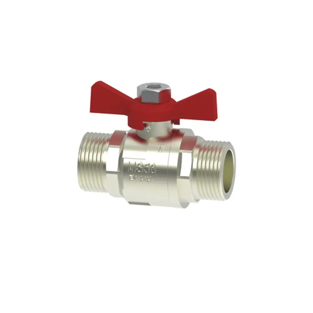 Kugelhahn mit rotem Griff und vernickelter Oberfläche, hergestellt von Roth. Verbindungselement mit Gewinde für industrielle Anwendungen.